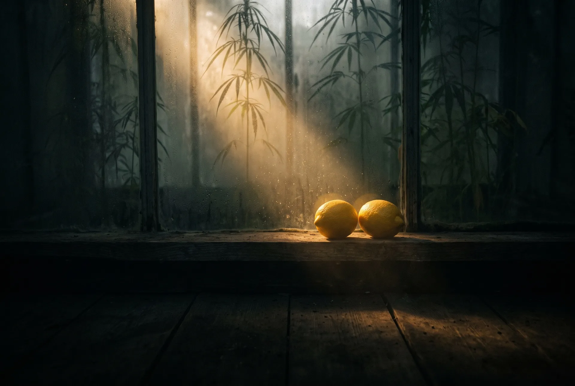 Listenbild Lemon Sativas: Sonnenstrahl durch den Dunst eines alten Gewächshauses, zwei Zitronen im Gegenlicht, Silhouetten hoher Sativa-Pflanzen hinter der Scheibe