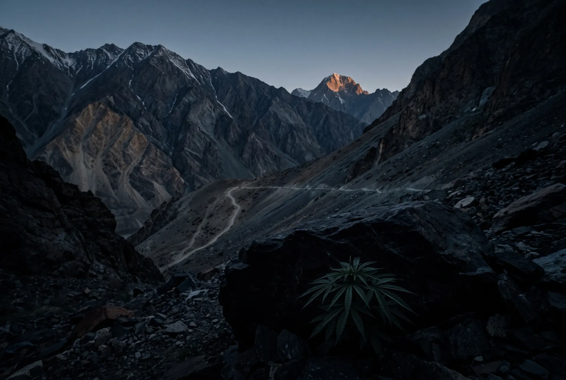 Listenbild Kush-Klassiker: Bergpass im Hindukusch zur blauen Stunde, letztes Licht auf einem Gipfel, eine wilde Cannabispflanze im Felsschatten