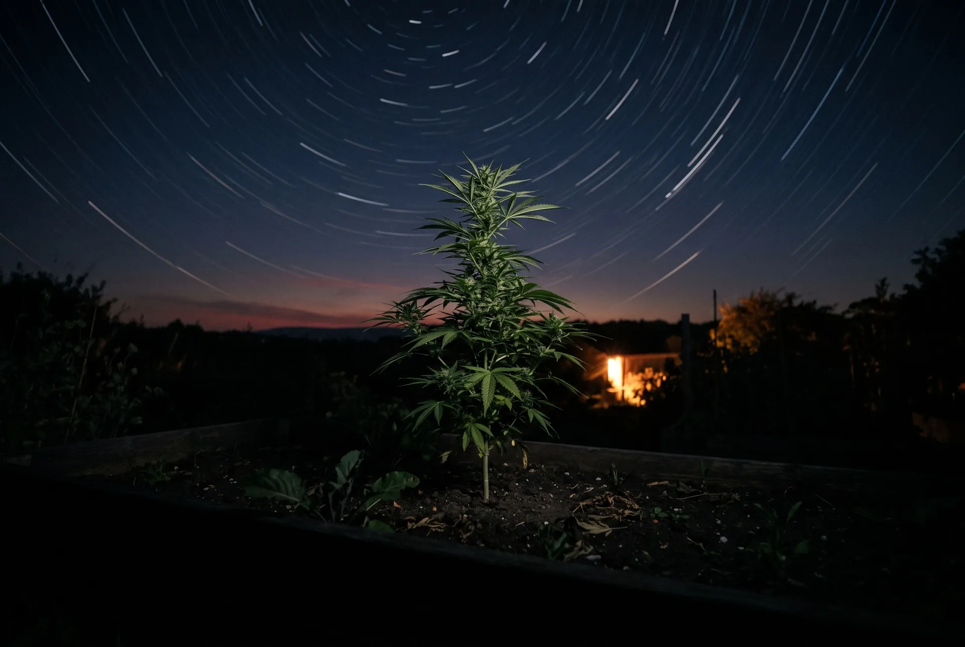 Listenbild Schnelle Sorten: eine blühende Cannabispflanze im nächtlichen Gartenbeet unter Sternspuren, Morgenrot am Horizont
