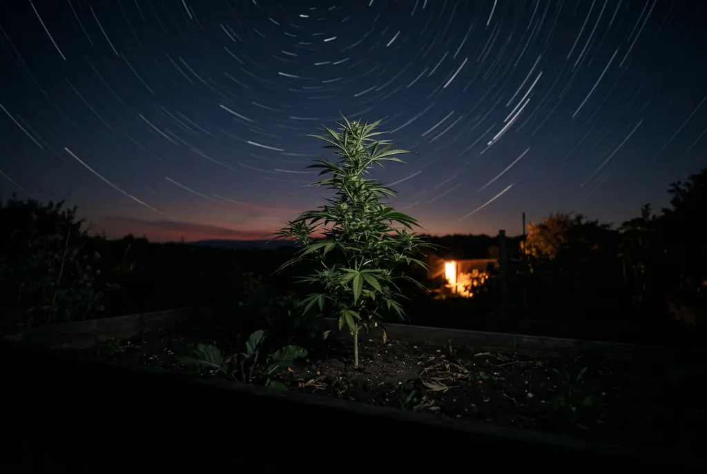 Listenbild Schnelle Sorten: eine blühende Cannabispflanze im nächtlichen Gartenbeet unter Sternspuren, Morgenrot am Horizont